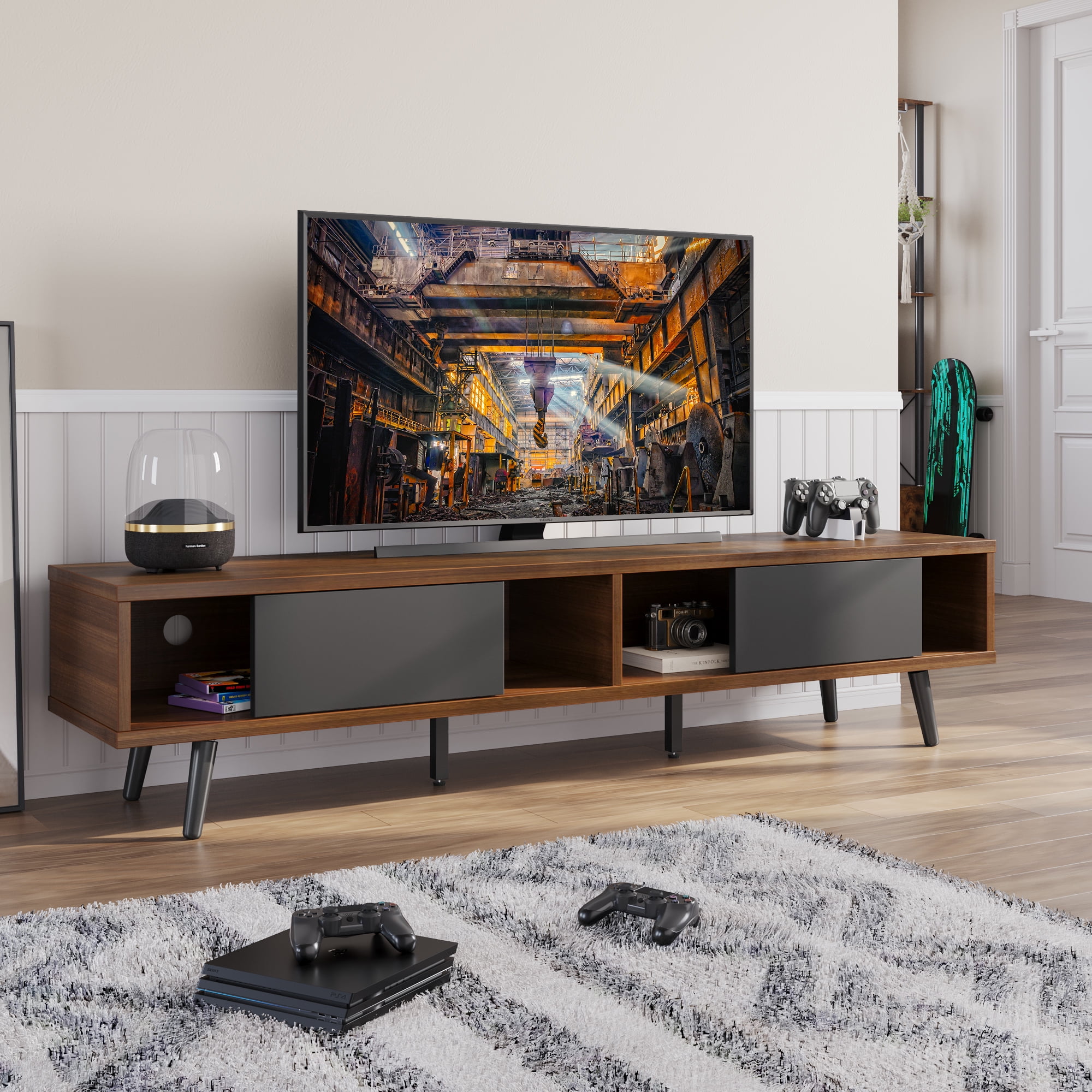 Bestier 70 Mid Century Modern TV Stand with Storage Faux Walnut Wood Grain CARB Certified Suitable for TVs up to 75 Walmart