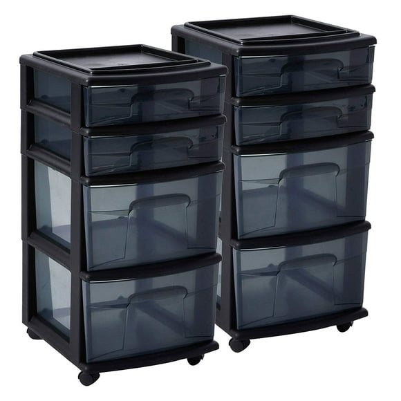 Homz Tall Solid Plastic 4 Drawer Medium Storage Cart, Black (2 Pack)