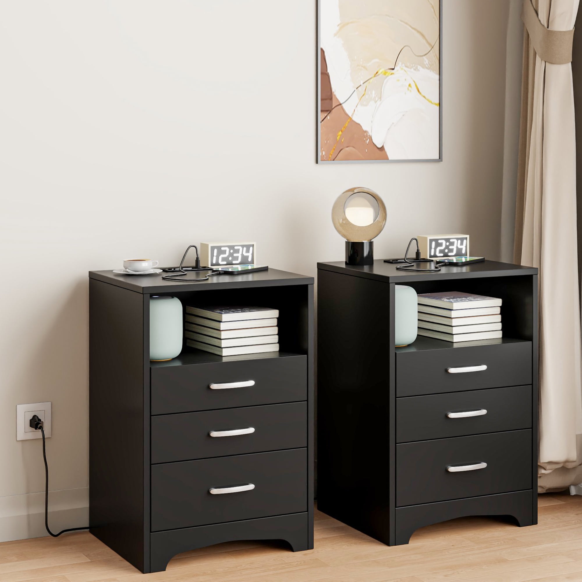 VEANERWOOD Nightstand Set of 2 with 3 Drawers and Charging Station 24" H End Side Table, Black