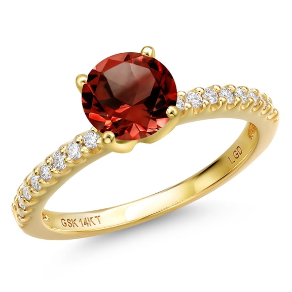 Gem Stone King 14K Yellow Gold Red Garnet and Lab Grown Diamond Engagement Ring for Women | 1.66 Cttw | Round 7MM | Gemstone January Birthstone | Size 8