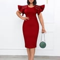 thumbnail image 2 of AURA Womens Elegant Beaded Ruffle Sleeve Round Neck Pencil Midi Dress Stretch Office Work Summer, 2 of 9