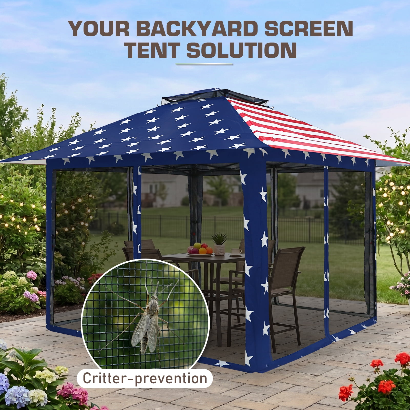 EAGLE PEAK 13 x 13 ft Pop-Up Gazebo Tent Instant w/ Mosquito Netting，Outdoor Gazebo Canopy Easy Set-up Folding Shelter (American Flag)