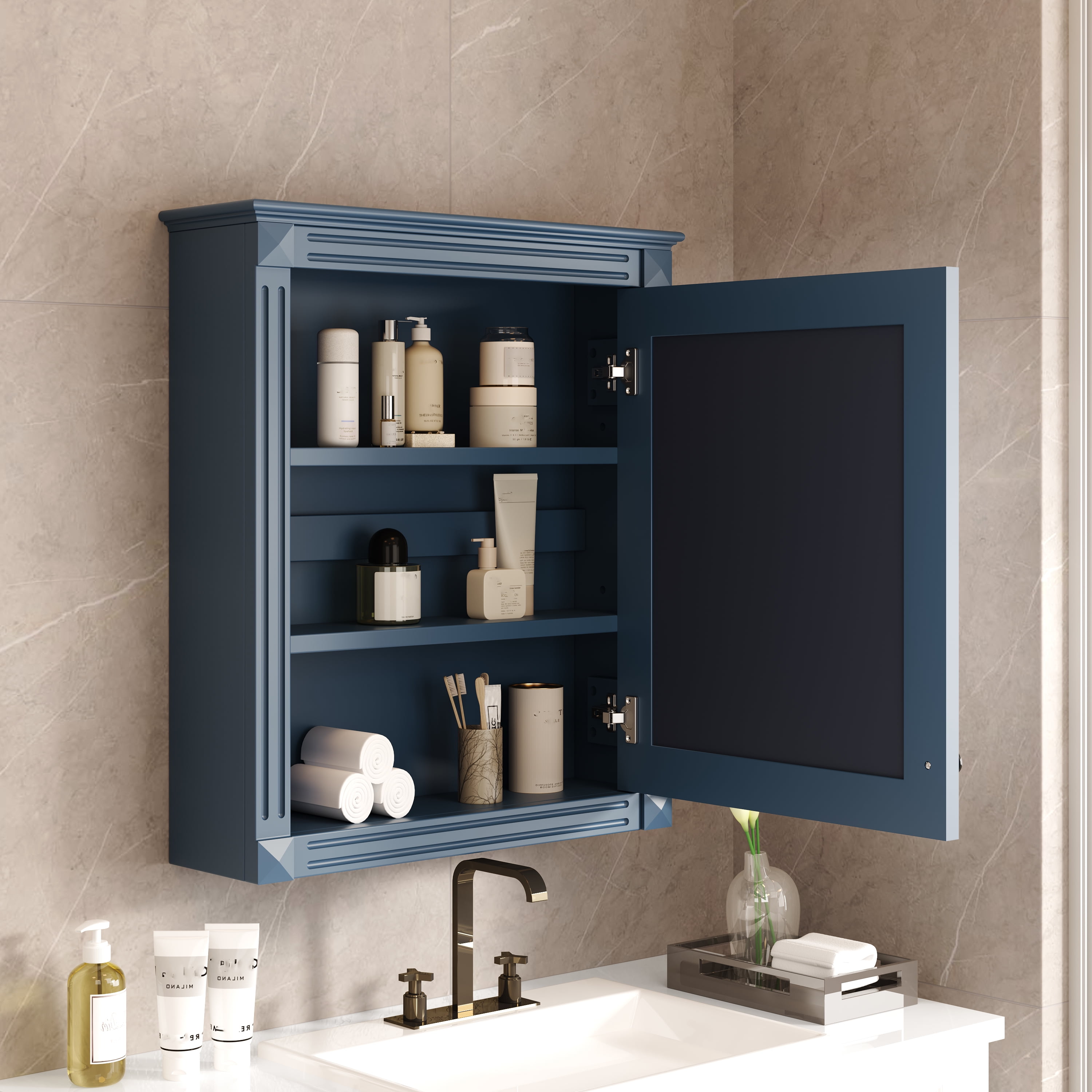 Euroco 24'' x 27'' Wall Mounted Bathroom Storage Cabinet with Mirror, Medicine Cabinet with Height Adjustable Shelf, Over the Toilet Space Saver Cabinet