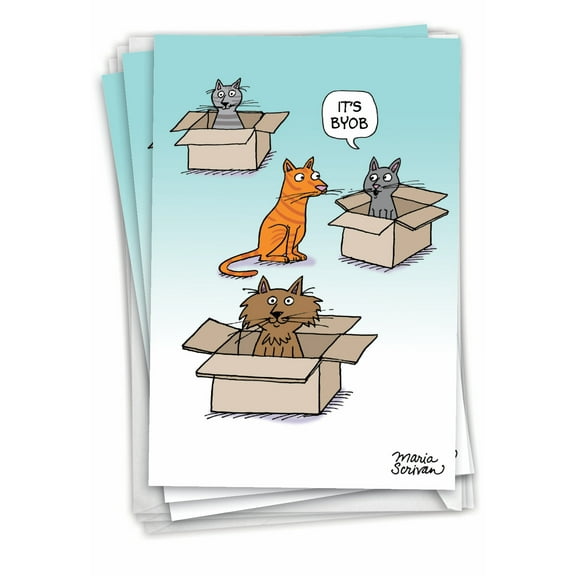 NobleWorks Pack of 3 Funny Birthday Greeting Cards with Envelopes (1 Design, 3 Each) Bring Your Own Box - Cat C7278BDG-C3x1