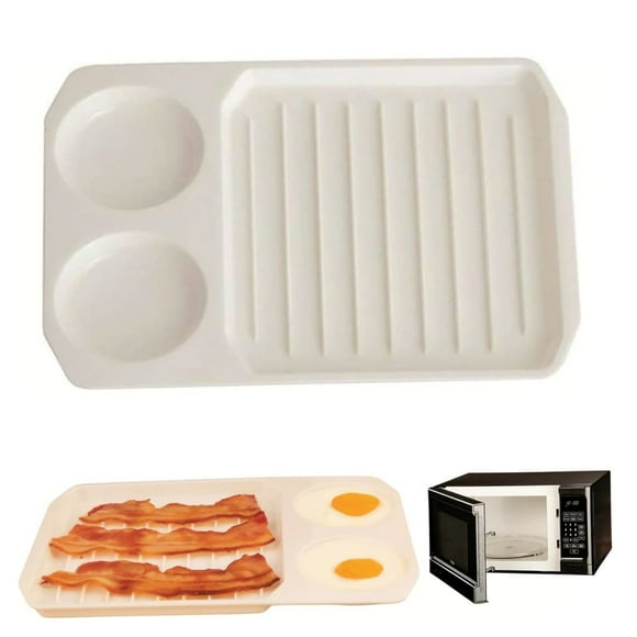 2 In 1 Microwave Oven, Microwave Bacon Cooker 11X8In Grooved White Microwave Bacon Tray With 2 Egg Poachers Non-Sticky Safe And Quick Classic Bacon Pan Gift, Bacon Cooker