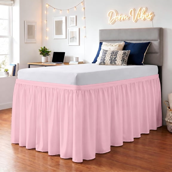 AUQ Dorm Bed Skirt Twin Xl 34 Inch Drop Length - Pink, Ruffled Pattern College Dorm Room Bed Skirts - Split Corner, Easy Care, Wrinkle Free 1800 Series Microfiber Bed Skirt