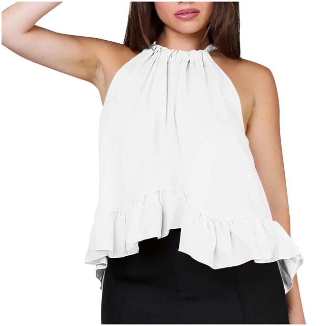 Sleeveless Top for Women, Non-Positioning Printed Loose Fit with Ruffle Hem and Halter Back Tie Design, Black S