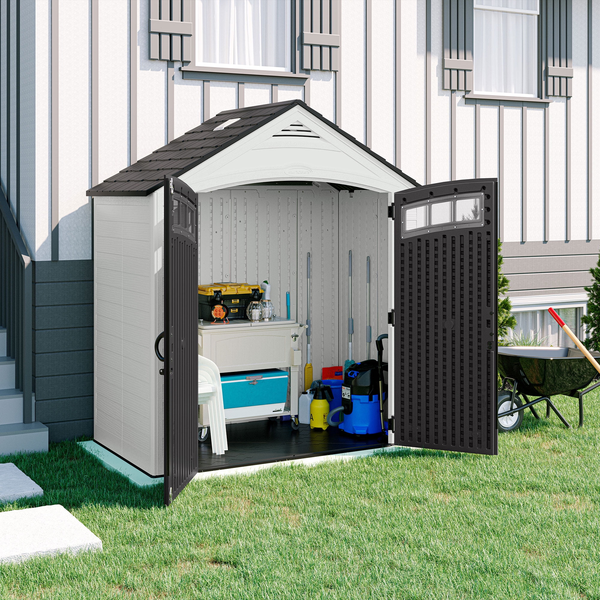 Suncast Vista 7 ft. x 4 ft. Resin Vertical Peak Storage Shed with Floor Kit