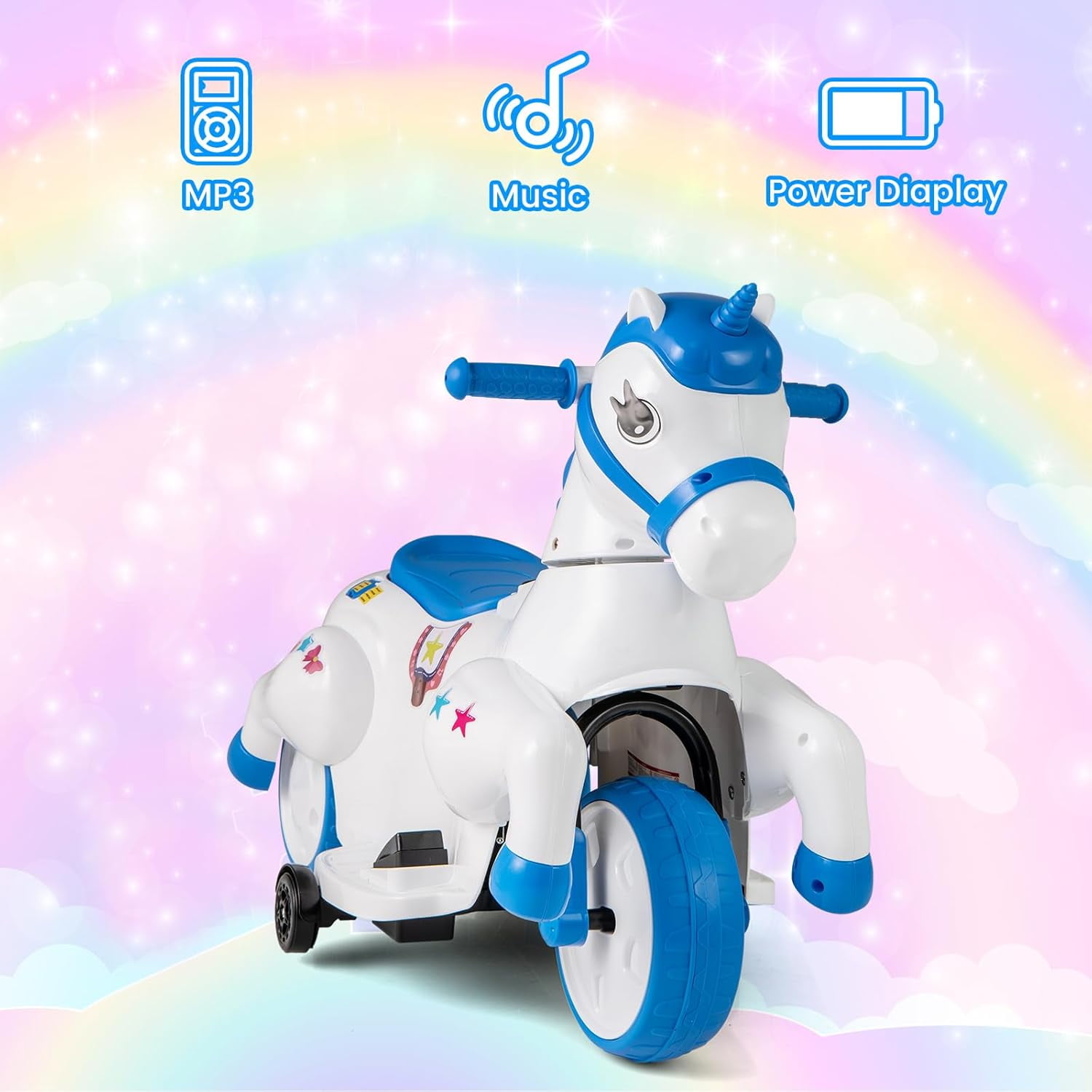 OLAKIDS 2 in 1 Ride on Motorcycle and Horse, Unicorn 6V Battery Powered Ride on Toy with Up & Down Function, MP3, Power Display, Training Wheels, Kids Electric Vehicle Aged 3-6 Years