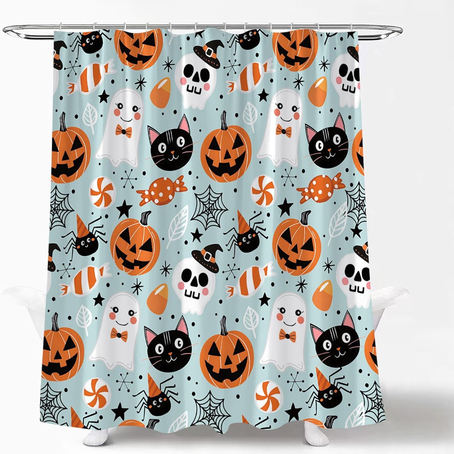 Happy Halloween Shower Curtain Cute Cartoon Pumpkin Spooky Ghost Orange Pumpkin Head Icons Funny Black Cat Spider‘s Web Skull Skeleton Witch Hat Fabric Bath Curtain Set with Hook