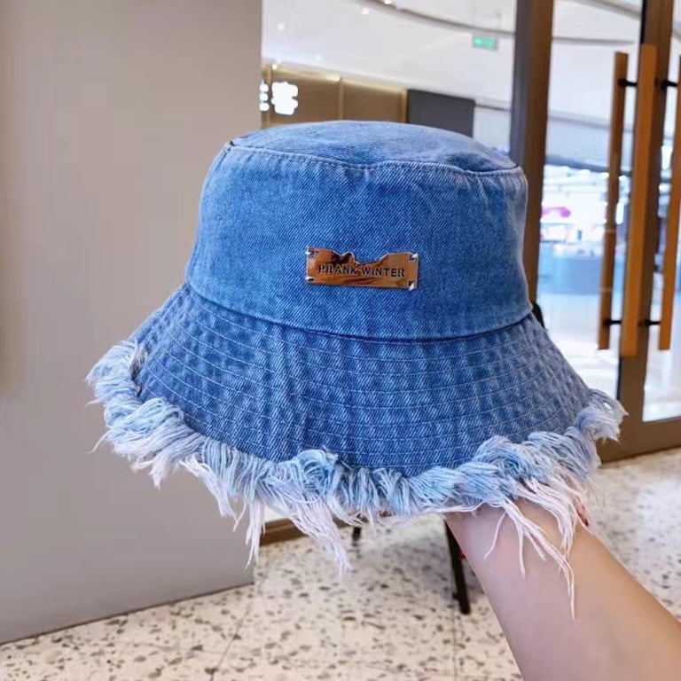 Distressed Denim Wide Brim Hat Women Men Denim Bucket Hats Cap Frayed Distressed Jean Sun  main image 3