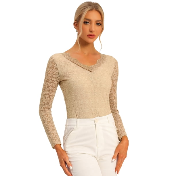 Top de blusa de encaje de manga larga transparente con bordado floral para mujer Camello XS