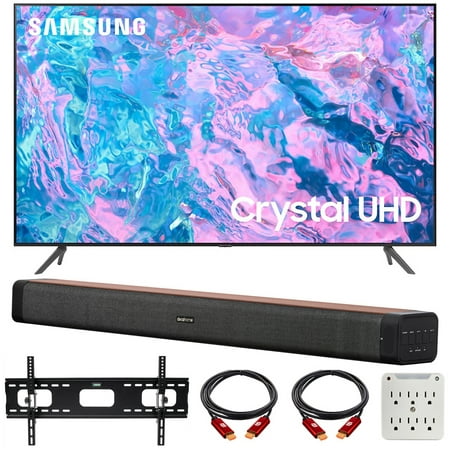 Samsung UN58CU7000 58 inch Crystal UHD 4K Smart TV Bundle with Deco Home 60W 2.0 Channel Soundbar, 37"-100" TV Wall Mount Bracket Bundle and 6-Outlet Surge Adapter (2023 Model)