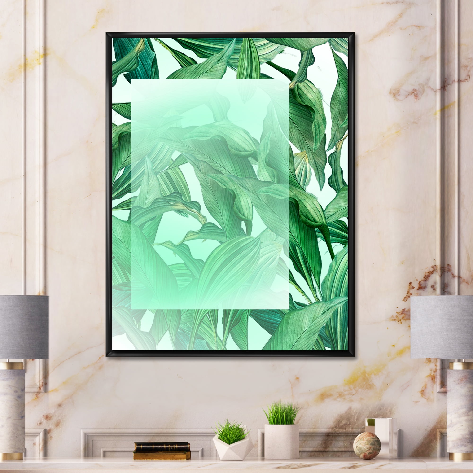 Designart 'Tropical Palm Green Leaves Under White Rectangle' Nautical & Coastal Framed Canvas Wall Art Print