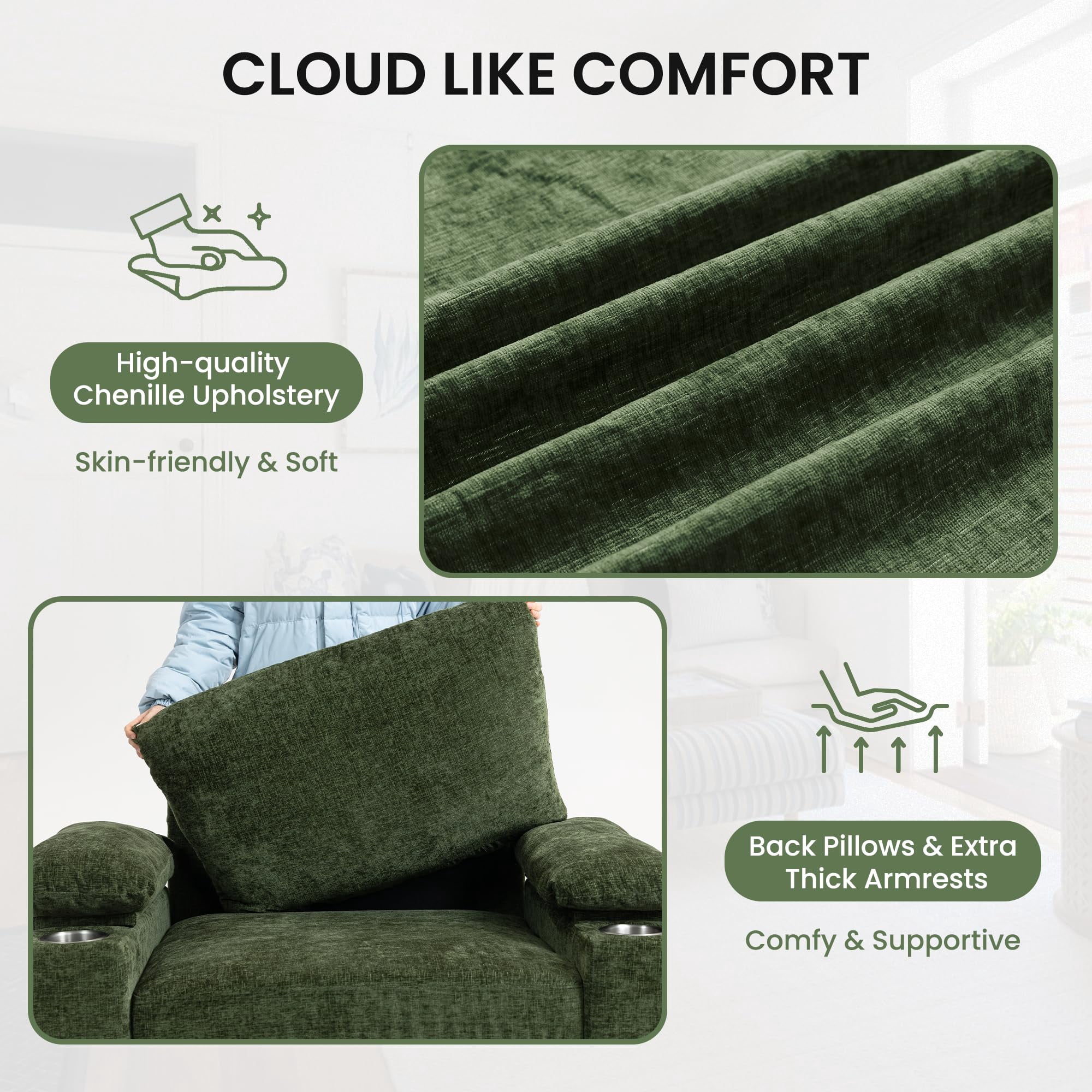 Aukfa 58" Chaise Lounge Oversized Sofa Chair with 2 Cup Holders&USB Ports, Chenille, Green