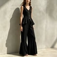thumbnail image 6 of Womens Casual Two Piece Outfit V Neck Sleeveless Button Peplum Top High Waist Ruffle Hem Wide Leg Pants Solid Color Elegant Set Black M(M), 6 of 7