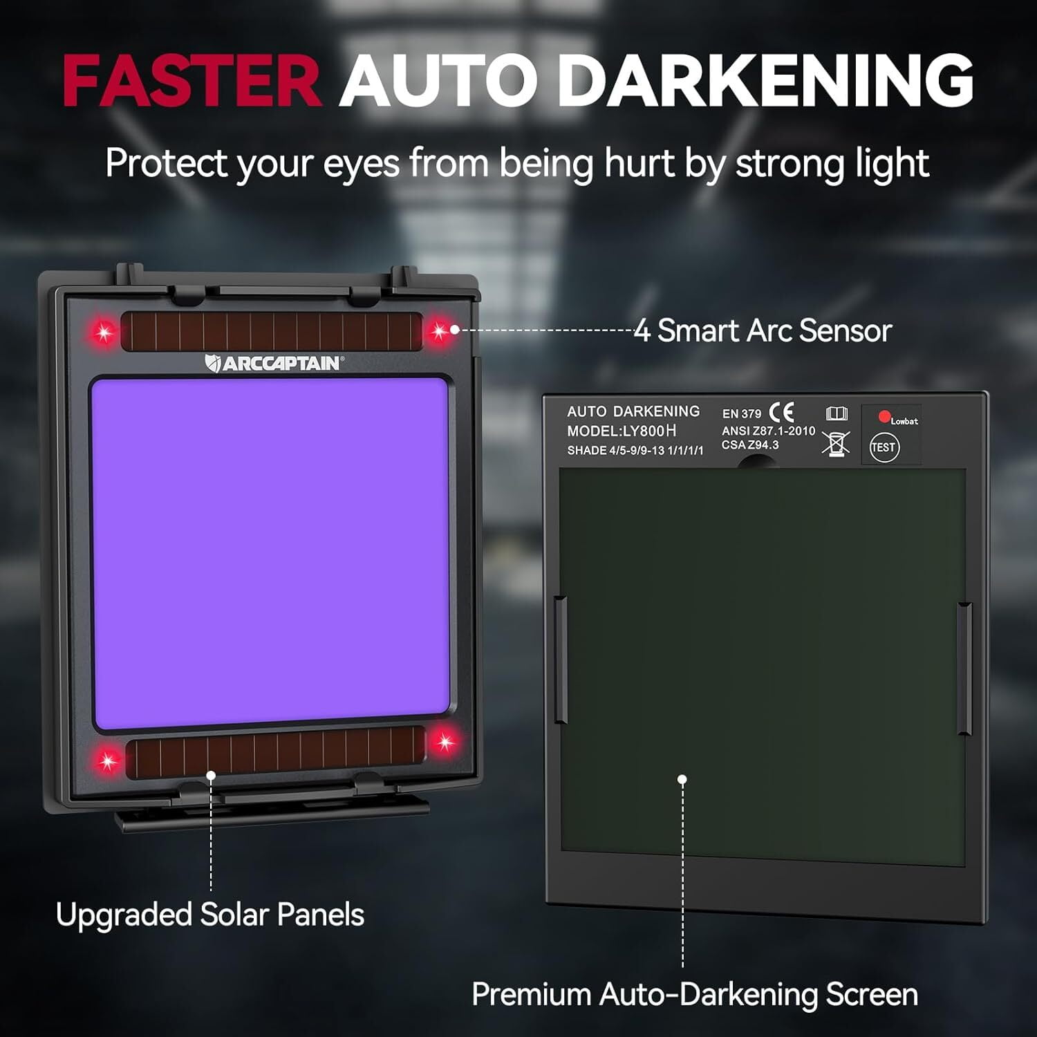 ARCCAPTAIN Auto Darkening Welding Helmet with True Color 3.94"x3.66" View, Solar Powered, 1/1/1/1 Optical Clarity, 4 Arc Sensors, Shade 4-14 for Stick/MIG/TIG/Cutting