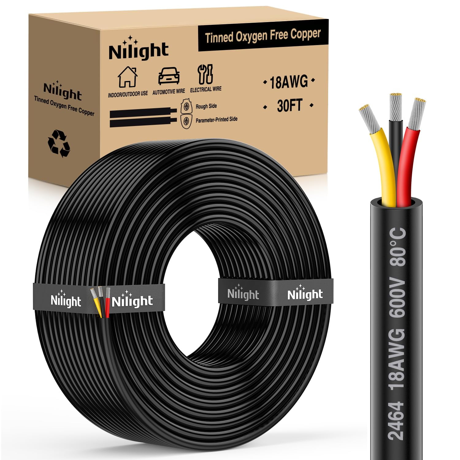 Nilight 50FT 20 Gauge 3 Conductor Electrical Wire Tinned Oxygen