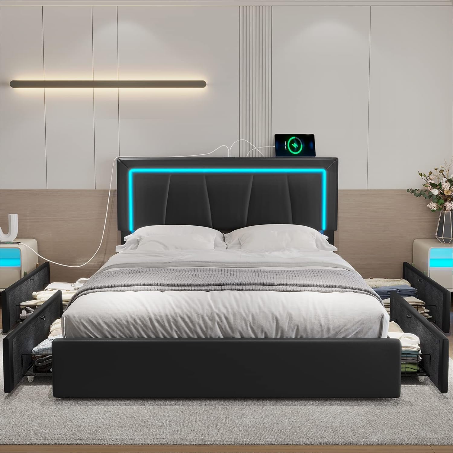 Full LED Bed Frame with 4 Storage Drawers and USB Ports and LED Headboard, Faux Leather Upholstered Platform Bed Frame with 3 Side Light Strip, Black