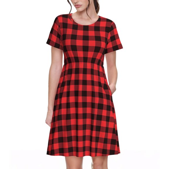 Defioc Buffalo Plaid Red Black Pattern Womens Summer Dresses Short Sleeve Sundress 2025 Beach Vacation Dresses with Pockets -Small