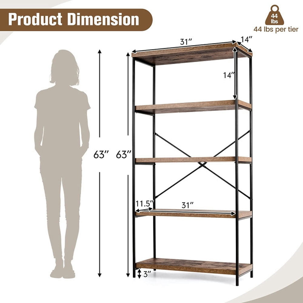 Demi Bonn 4-Tier Multipurpose Open Bookshelf, Industrial Rack Wide Standing Storage Shelf Bookcase, Brown