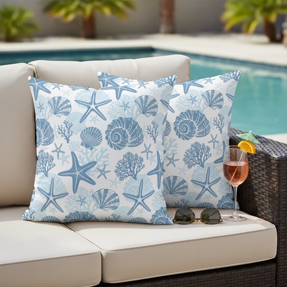 Misty Blue Coastal Summer Outdoor Pillow Covers 20x20 Inch Throw Pillow Covers Set of 2 Waterproof Decorative Pillow Cases Coral Shell Starfish Nautical Cushion Covers for Patio Furniture Garden