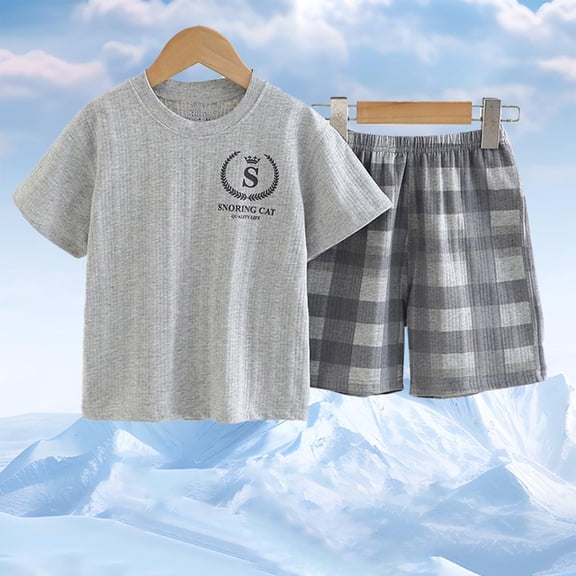 Amidoa Boys Summer 2 Piece Outfits Cotton Printed Cute Short Sleeve and Casual Short Kids Clothing Set Gray Size 14