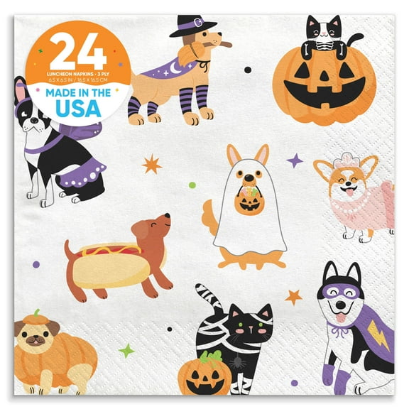 Big Dot of Happiness Halloween Pets Party Napkins, Cat and Dog Costume Party Halloween Decor, White 3-Ply Paper Luncheon Napkins - 24 Count