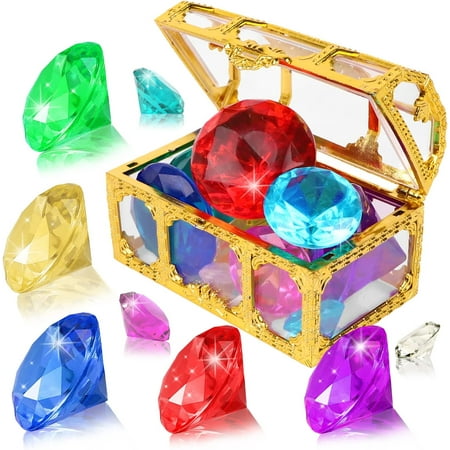

Scheam Diving Gem Pool Toys 10 Colorful Big Diamond Gem with Treasure Pirate Chest Box Summer Underwater Acrylic Gemstones Set for Kids Swimming Pool Party Favors