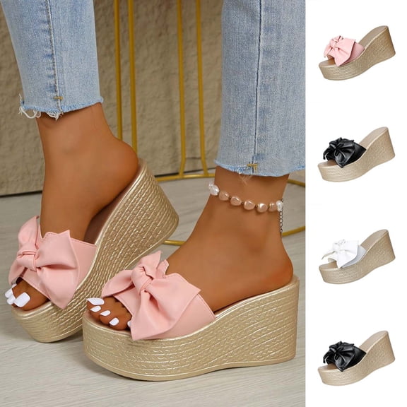 Miluxas Women's High Heeled Bow-Knot Platform Wedge Beach Sandals Slippers Summer Sandals White 9.5(43)