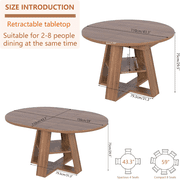 43.3-59 Extendable Round Dining Table for 4-8, Mid Century Modern Wooden Round Table with Removable Leaves Space Saving, for Kitchen Living Room