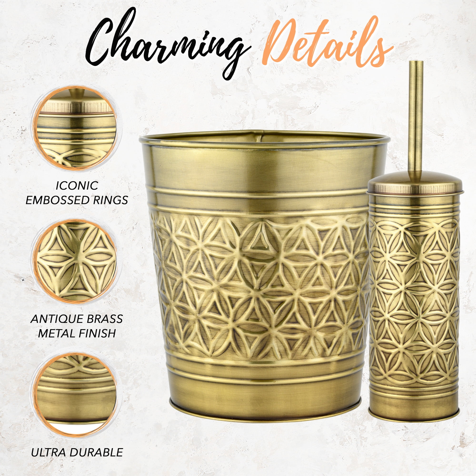 Autumn Alley Toilet Brush and Holder Set with Brushed Brass Bathroom Trash Can – Vintage Brass Bathroom Accessories Garbage Can Set for Rustic and Modern Bathroom Décor