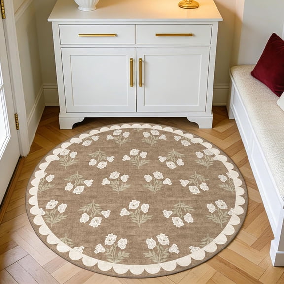 Tan 3ft Round Rug for Entryway - 3x3 Small Washable Floral Neutral Farmhouse Scalloped Round Rug