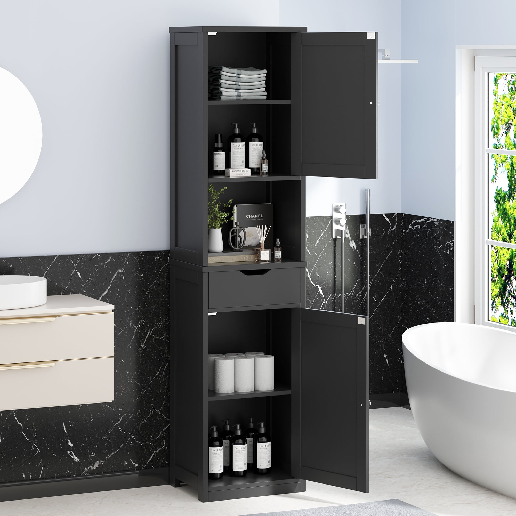 2PCS Bathroom Storage Cabinets 64" Tall Narrow Wooden Cabinets Set of 2 with Doors Shelves Drawer Black