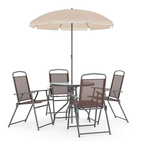 Flash Furniture Nantucket 6-Piece Patio Set with Glass Table, Umbrella, and 4 Folding Chairs, Brown