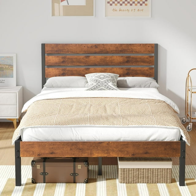 VECELO Full Size Metal Platform Bed with Wooden Headboard, Strong Metal Slats/No Spring Box Needed, Brown