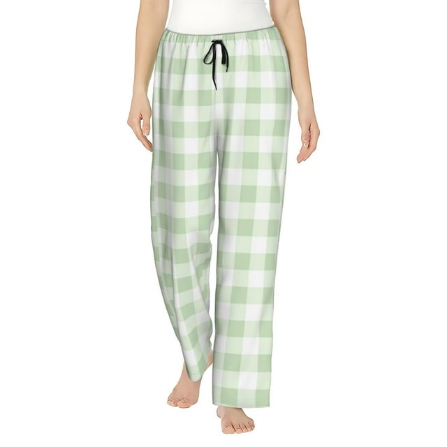Balery Green Checkboard Pantalones de pijama para mujer, pijamas ultraligeros, pantalones de estar por casa-Large