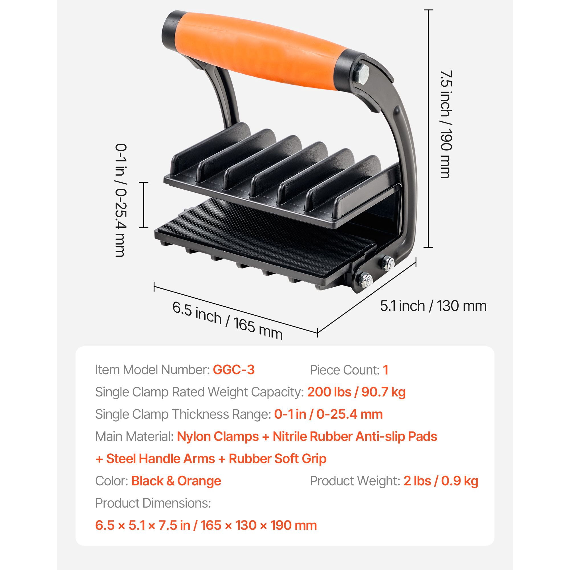 Panel Carrier 2-Pack, 200 lbs Capacity with 0-1 Inch Thickness Range, NBR Rubber Pads, Q235A Steel Arms, TPR Rubber Handles for Drywall Plywood Transport