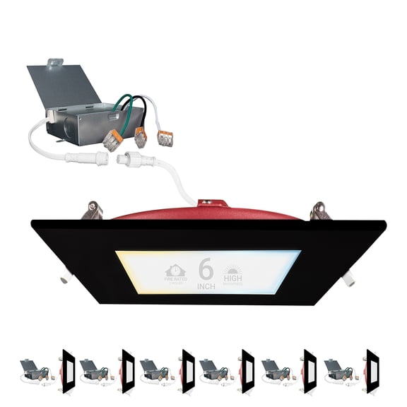 NuWatt 6 Inch 2 HR FIRE Rated LED Recessed Light, 5CCT Selectable, Dimmable,Square Black Trim 6 Pack