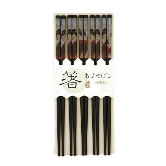 10 (5 Pairs) Black Chopsticks w. Japanese Geisha Painting CHOP039-5