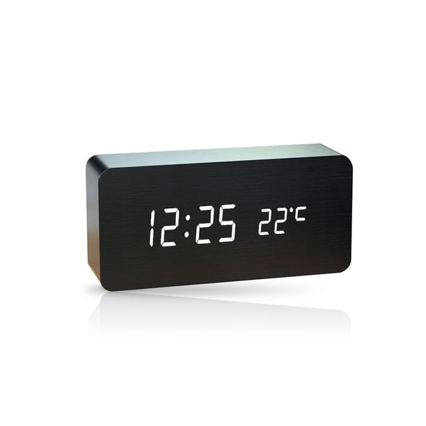 Billuyoard Despertador LED Dormitorio digital Escritorio Control de voz Relojes de tiempo Decoración Dígito blanco Medidor de temperatura Termómetro Decoración del hogar Madera negra Billuyoard HA047832-01B