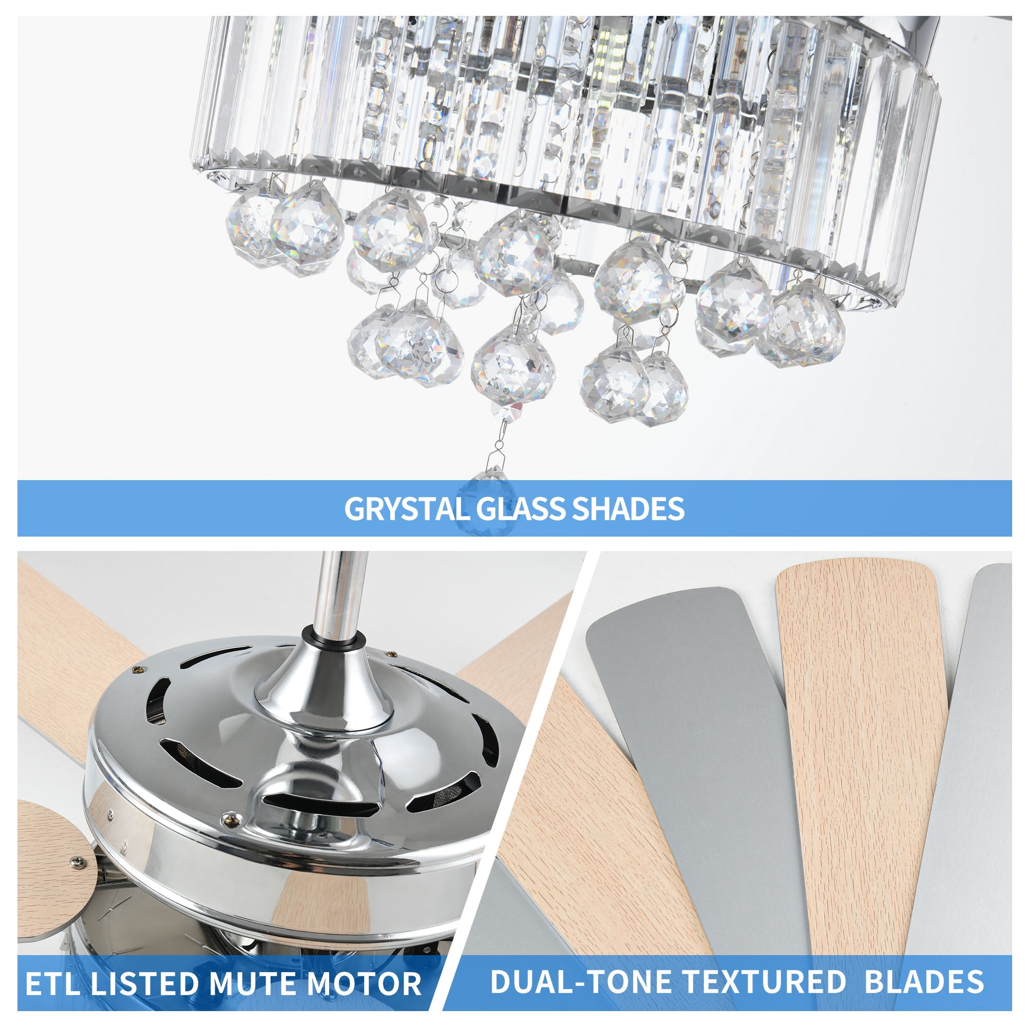 Dextrus 52'' Chandelier Ceiling Fan with Remote, Crystal Fan Light, Indoor Fan Ceiling with 3 Speed, Silent Reversible Motor, Dual-Sided Blades, Chrome
