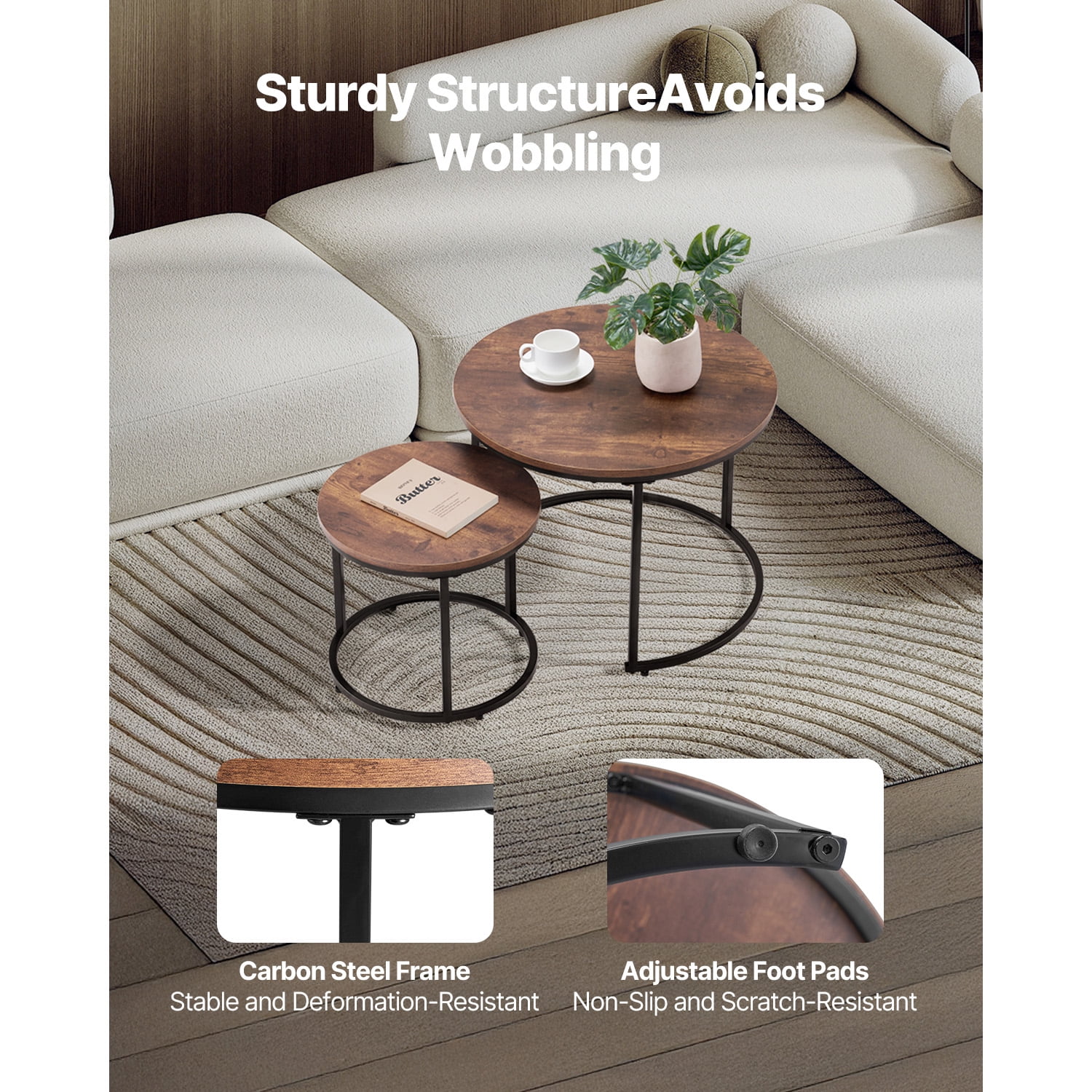 KFFKFF Nesting Coffee Table Set of 2, 23.6 in Round Tables, Ideal for Compact Spaces, End Side Tables or Night Stand with Metal Frame, Suitable for Living Room, Bedroom, Office
