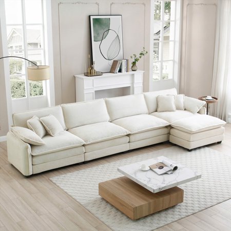 Modern Corduroy 4-Seater Sofa with Footstool - Soft Fabric, Ergonomic Design, Multiple Combinations