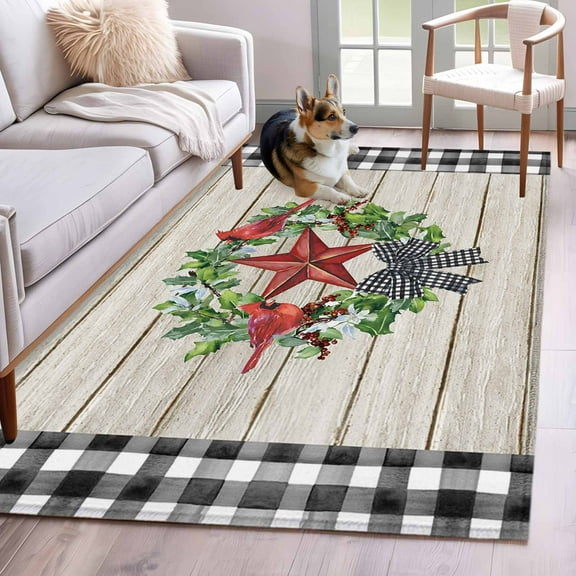 Christmas Red Birds Area Rug 3x5 Washable Rug Non Slip Xmas Texas Star Wreath Black Plaid Large Area Rug Indoor Floor Carpet for Entryway Bedroom Kitchen Living Room Home Office Dining Room Nursery