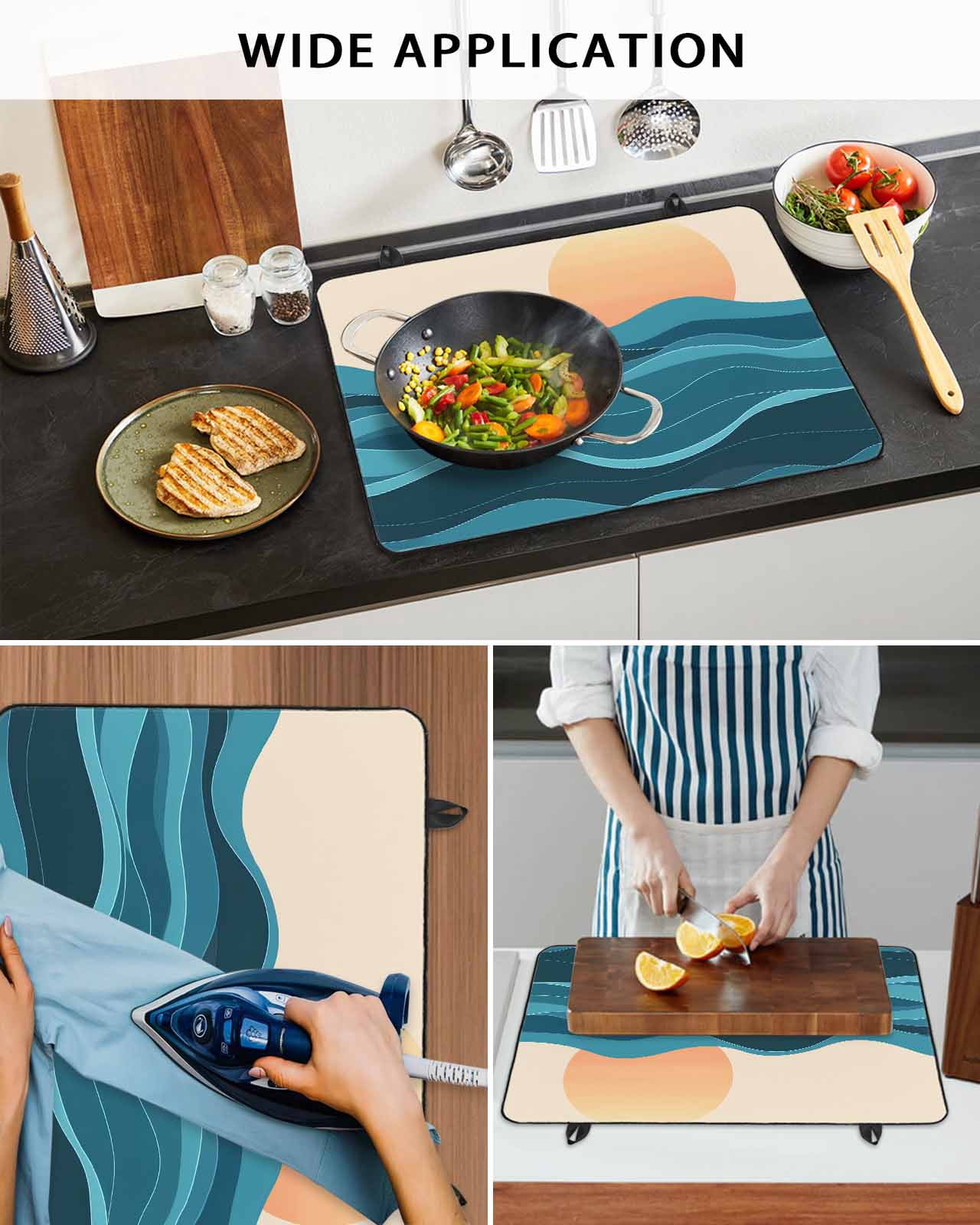 nqOlkjepod Large Induction Cooktop Protector Mat 36"x21", Teal Waves Stove Top Covers for Electric Stove, Watercolor Sun Turquoise Ombre Decorative Stove Burner Cover Mats, Glass Top Stove Cover