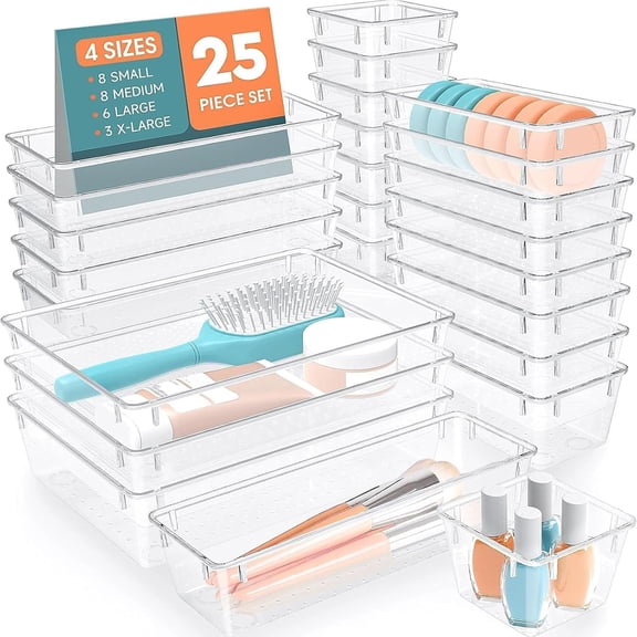 OZERA 25 PCS Plastic Drawer Organizer Trays, 4‑Size Versatile Storage Bins for Kitchen, Bathroom, Vanity and Desk Drawer Organization.