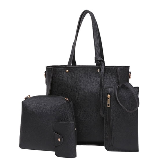 Mwjwdo Women's Vintage Oil Wax Leather 4-Piece Tote Bag Set, Solid Color Top Handle Satchel Crossbody Handbags for Daily Commute Black
