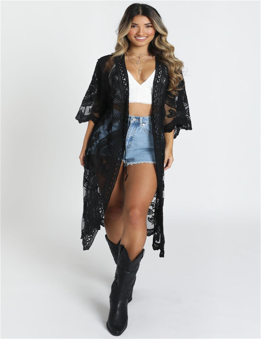 Women's Swimsuit Cover Up Swimsuit Kimono Long Beach Dress Floral Lace