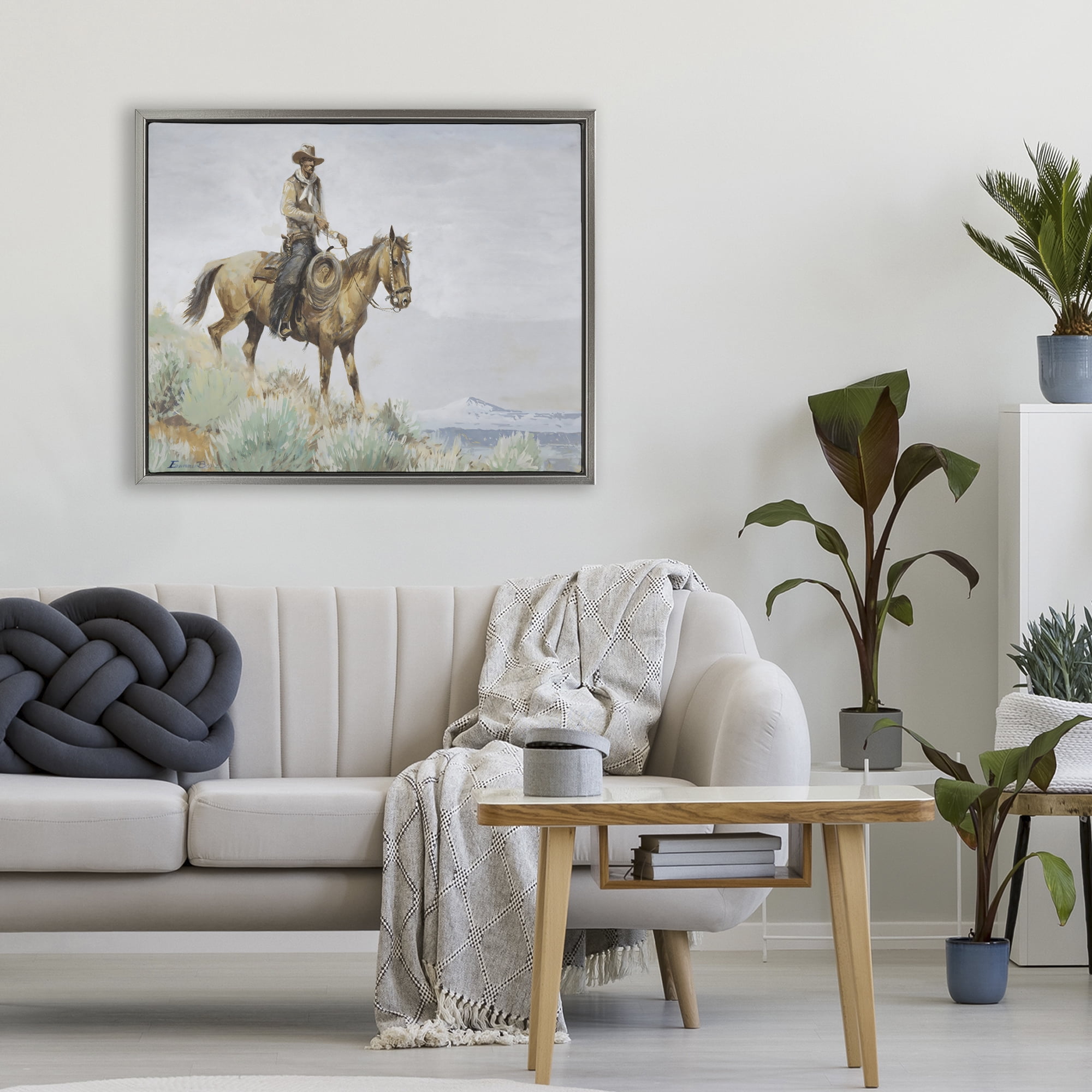 Stupell Industries Mounted Cowboy on Sagebrush Ridge Gray Framed Floater Canvas Wall Art, design by Arlington Prints